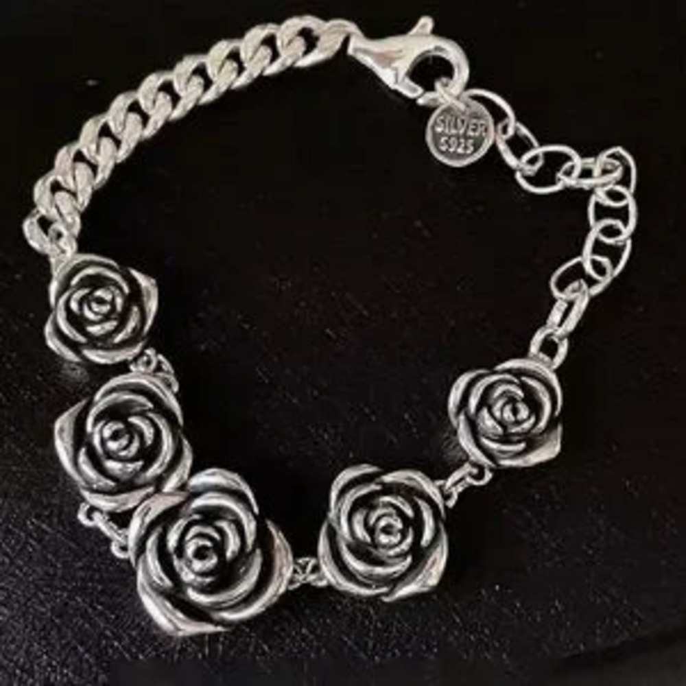 Womens Retro Roses Silver Bracelet